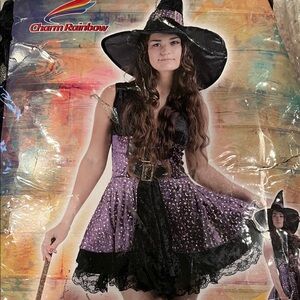 Halloween costume Charm Rainbow Purple Witch Costume Dress with Hat